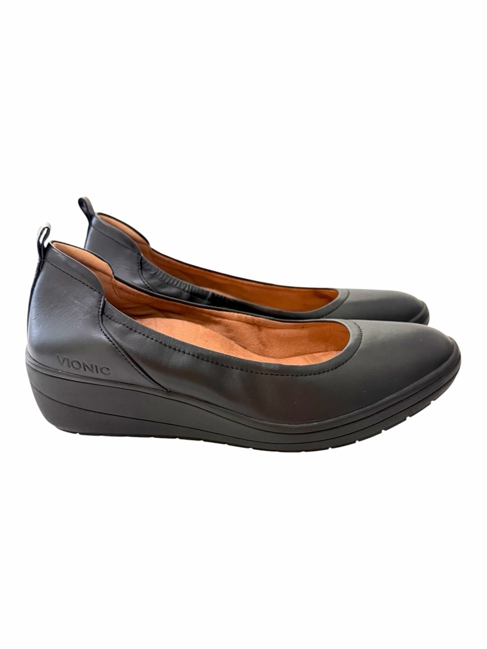 Vionic Jacey Black Leather Wedge Shoes Size 10 Slip-on Arch Support Ballet-flat